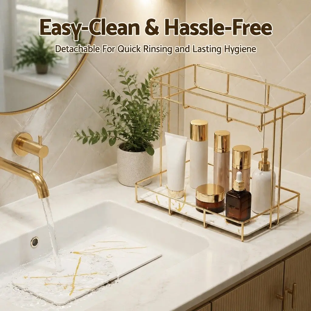 Bathroom Storage Rack 2 Tier Corner Organiser Gold Marble Look Towel Holder