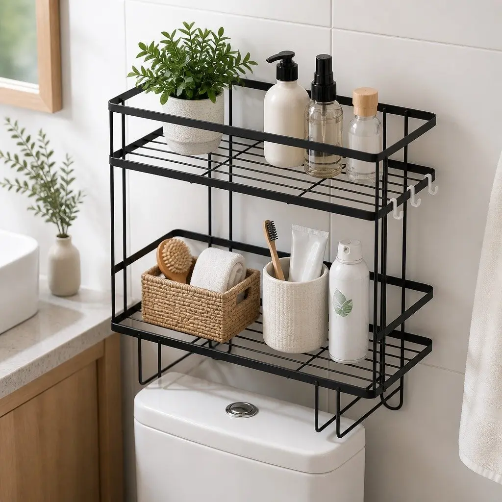Over Toilet Storage Rack Black 2 Tier Space Saver Bathroom Organizer