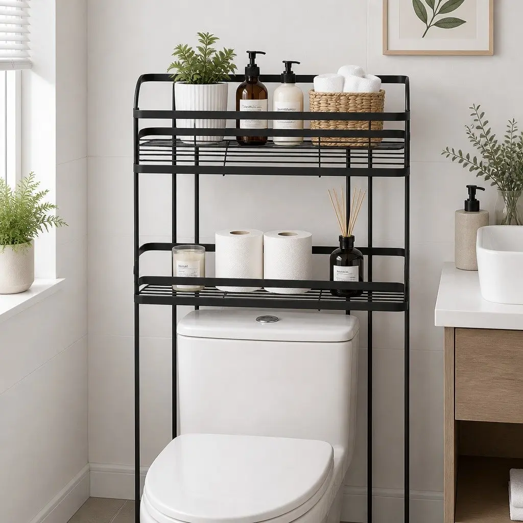 Over Toilet Storage Rack Black 2 Tier Space Saver Bathroom Organizer