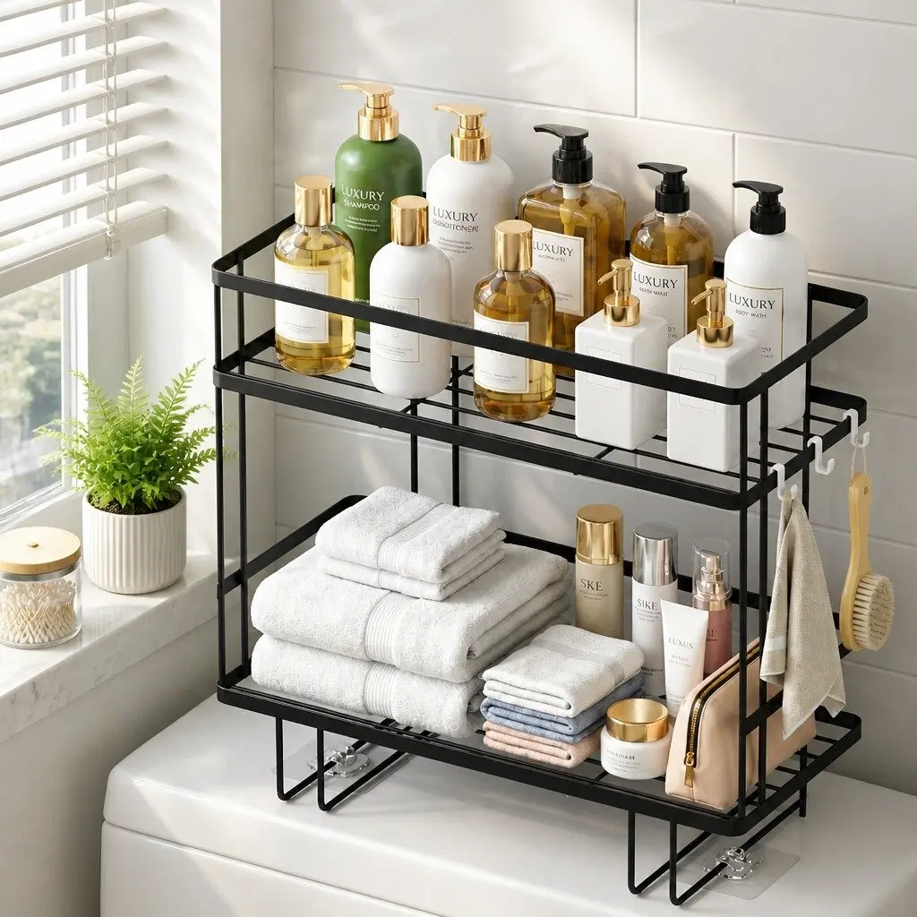 Over Toilet Storage Rack Black 2 Tier Space Saver Bathroom Organizer