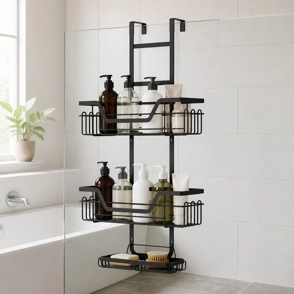 Over The Door Shower Caddy Black 3 Tier Hanging Storage Organizer No Drilling Required