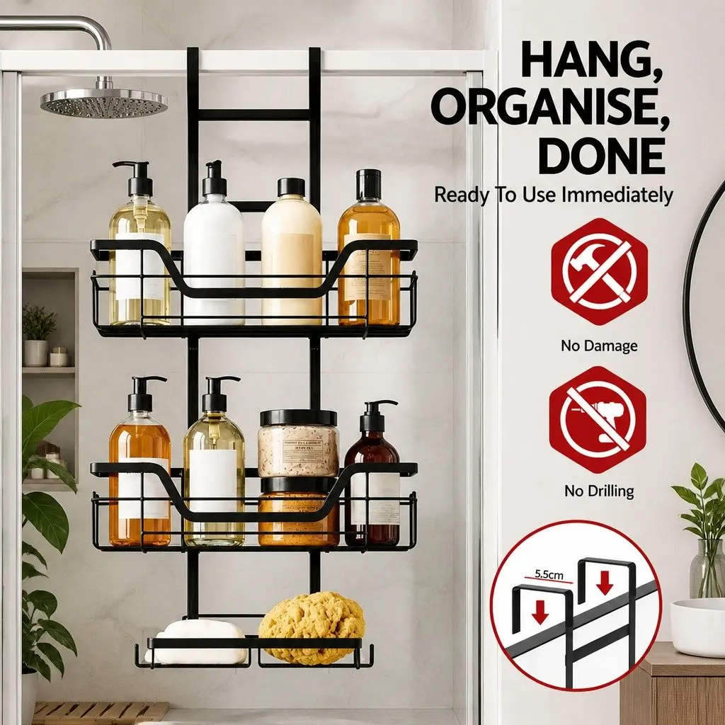 Over The Door Shower Caddy Black 3 Tier Hanging Storage Organizer No Drilling Required