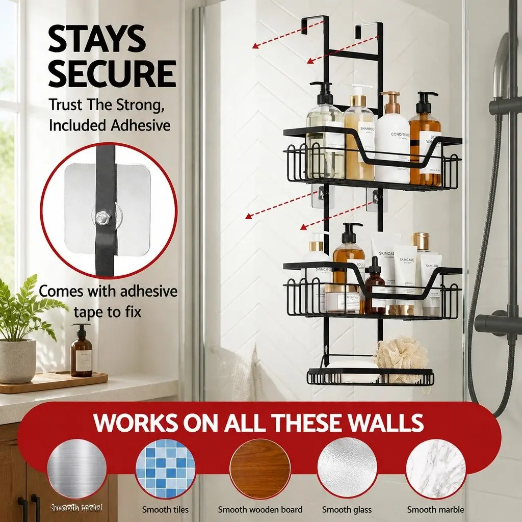 Over The Door Shower Caddy Black 3 Tier Hanging Storage Organizer No Drilling Required