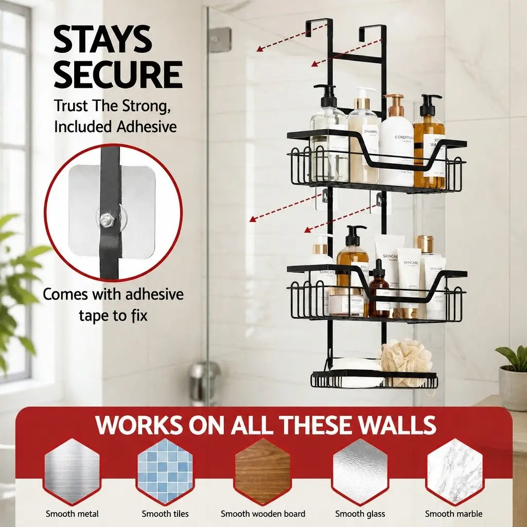 3 Tier Bathroom Wall Shower Caddy Storage Organizer Clip-On Adhesive Black