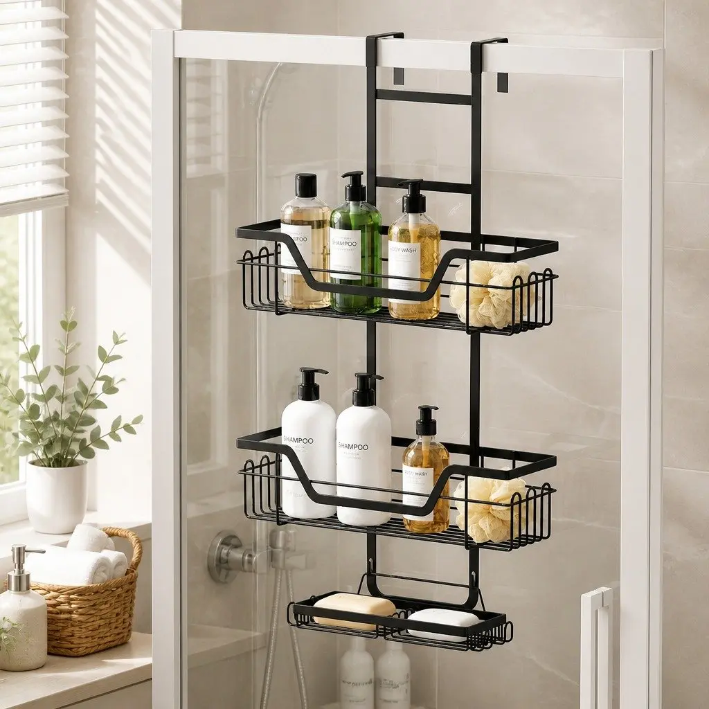 3 Tier Bathroom Wall Shower Caddy Storage Organizer Clip-On Adhesive Black