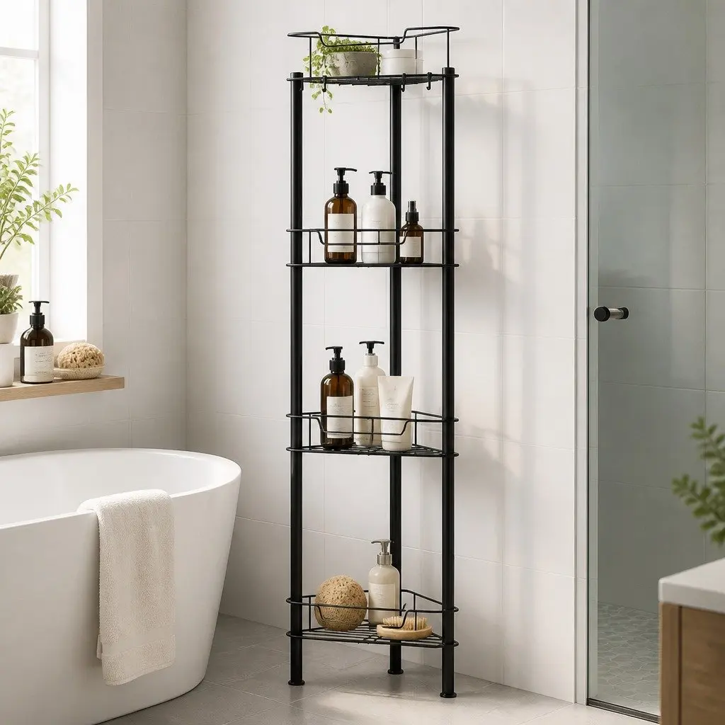 Floor Standing Shower Caddy 4 Tier Bathroom Storage Organiser Rustproof Black