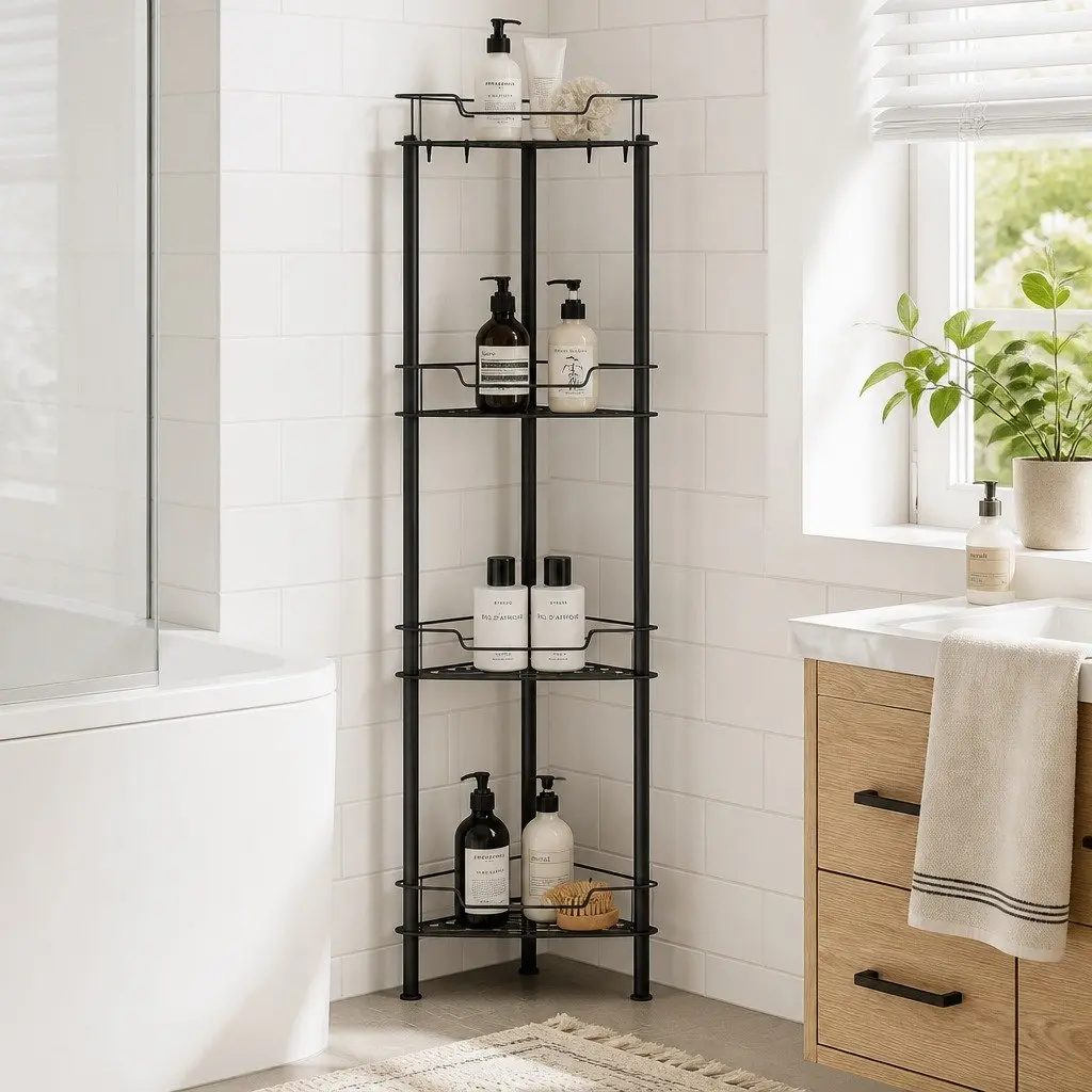 Floor Standing Shower Caddy 4 Tier Bathroom Storage Organiser Rustproof Black