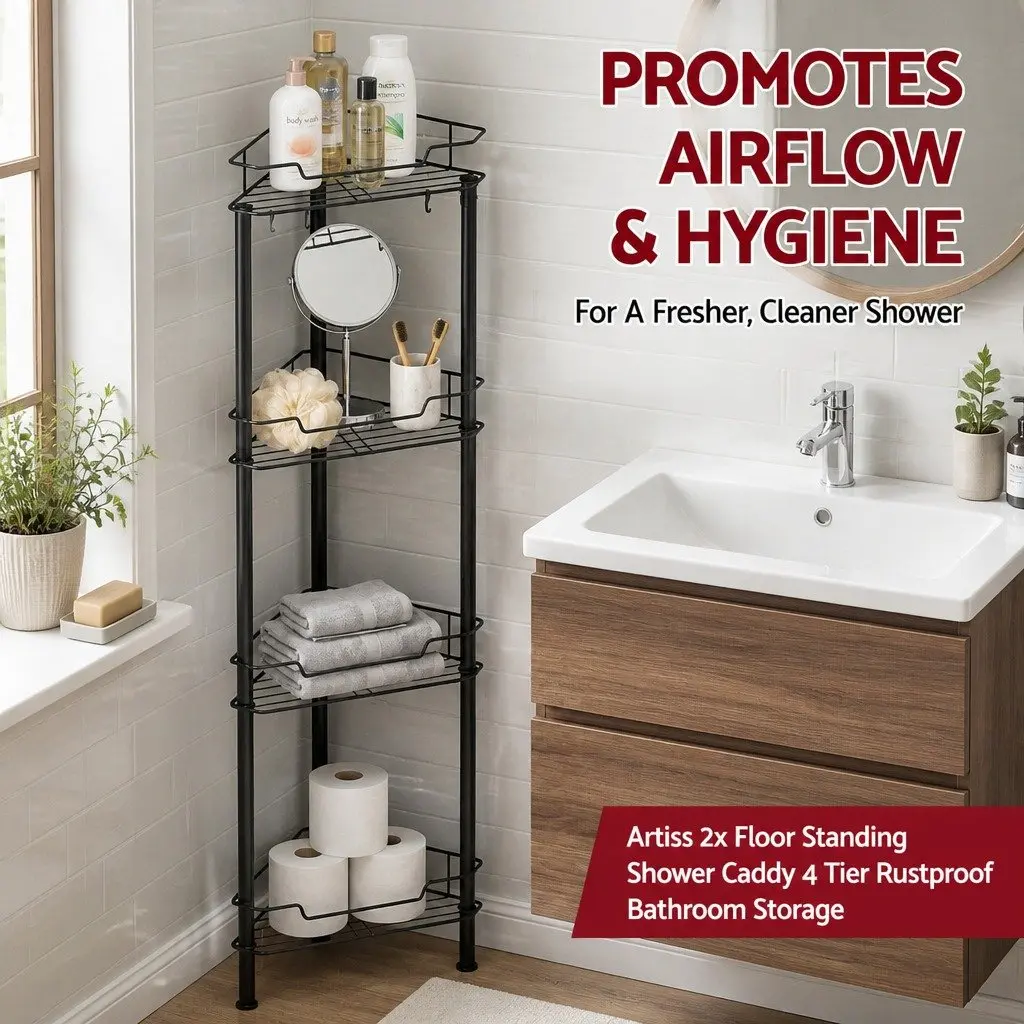 Floor Standing Shower Caddy 4 Tier Bathroom Storage Organiser Rustproof Black