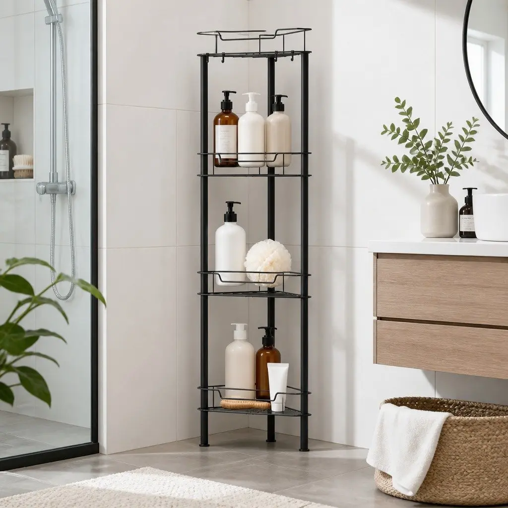 4 Tier Black Floor Standing Corner Shower Caddy Bathroom Storage Organizer