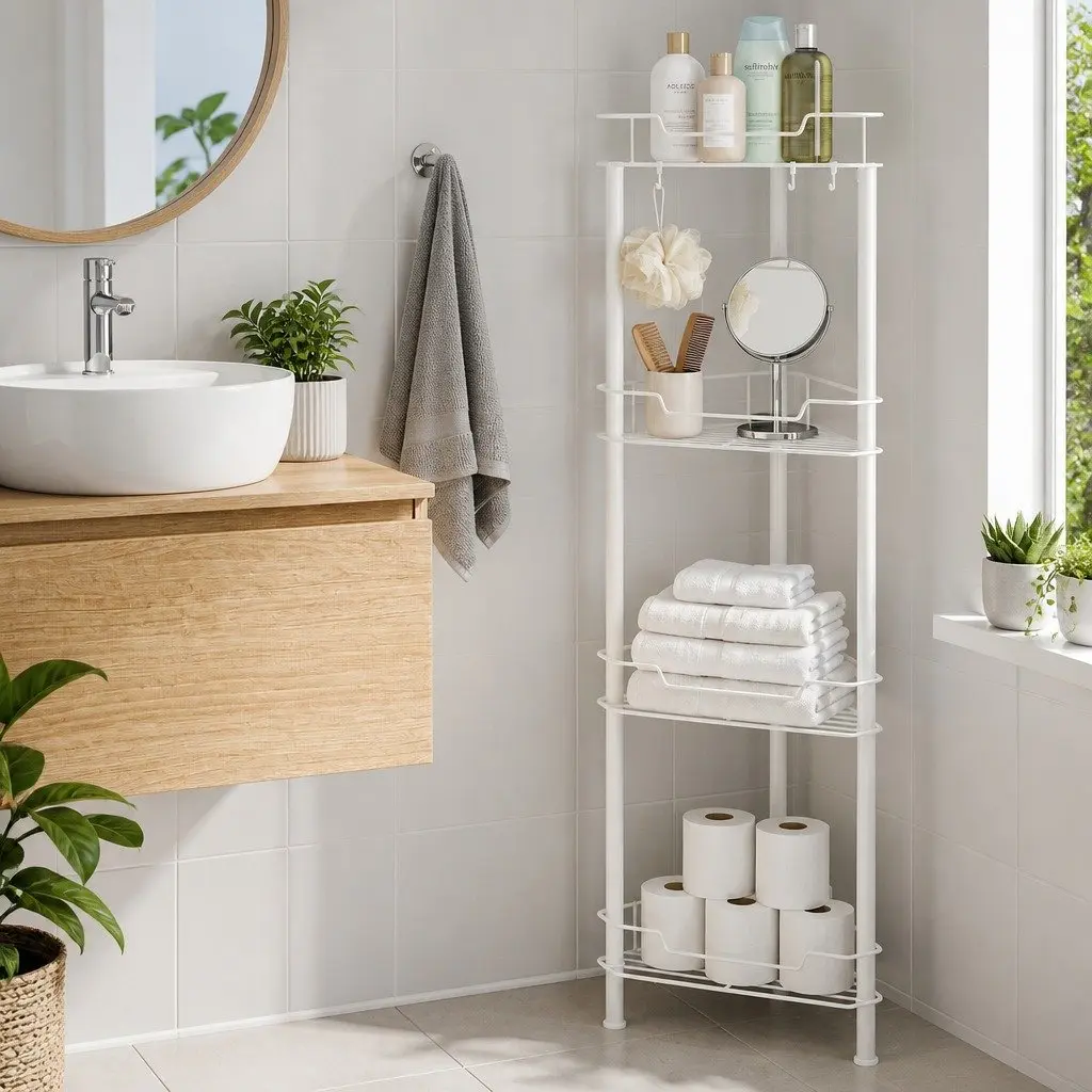 4 Tier Corner Shower Caddy White Space Saving Bathroom Storage Organizer