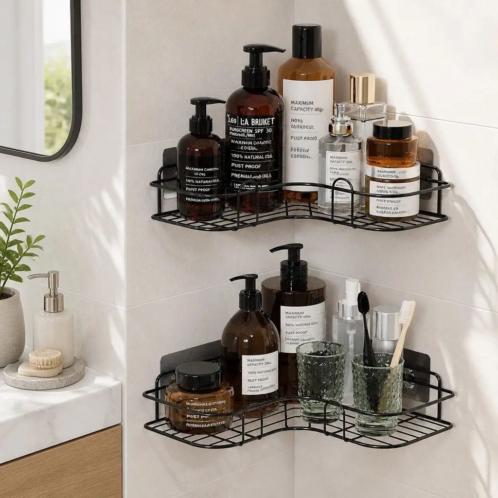 L-Shaped Corner Storage Rack Black 2 Pack Space-Saving Bathroom Shelf