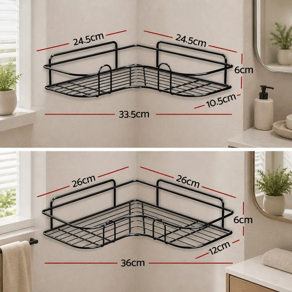 L-Shaped Corner Storage Rack Black 2 Pack Space-Saving Bathroom Shelf