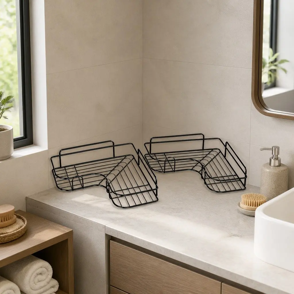 L-Shaped Corner Storage Rack Black 2 Pack Space-Saving Bathroom Shelf