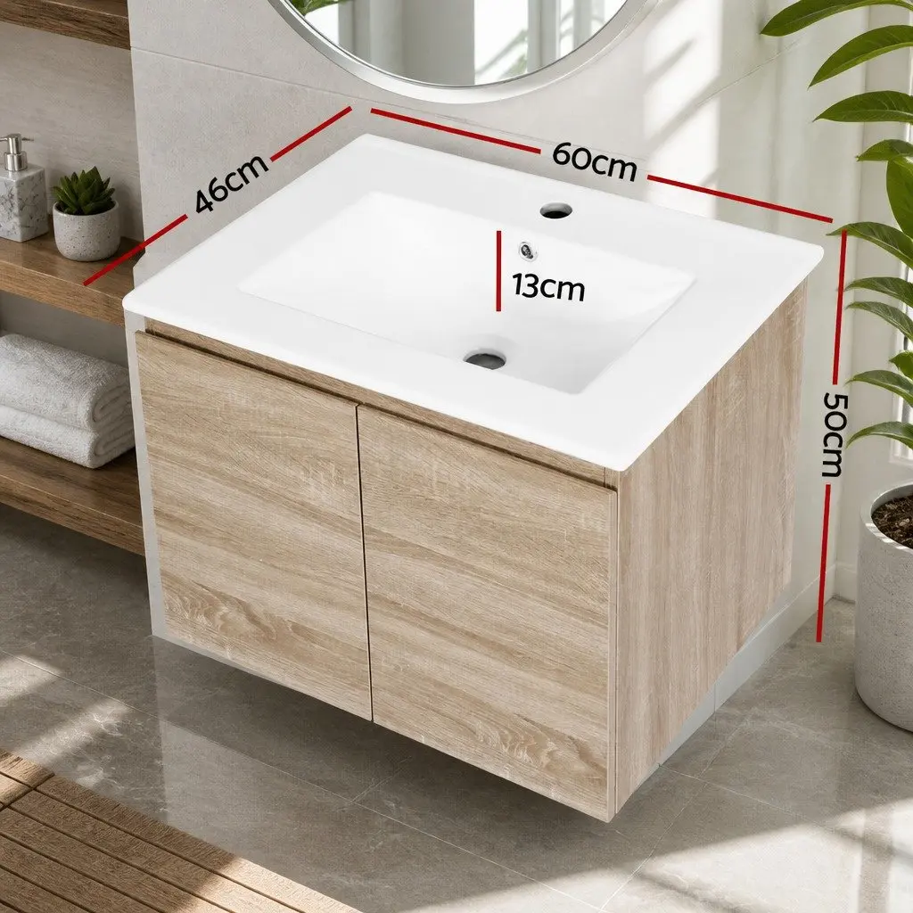 Vanity Unit 600mm Oak Wall-Hung Bathroom Cabinet Basin Storage Sink Cupboard