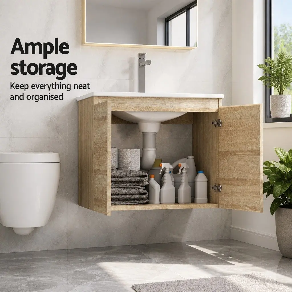 Vanity Unit 600mm Oak Wall-Hung Bathroom Cabinet Basin Storage Sink Cupboard