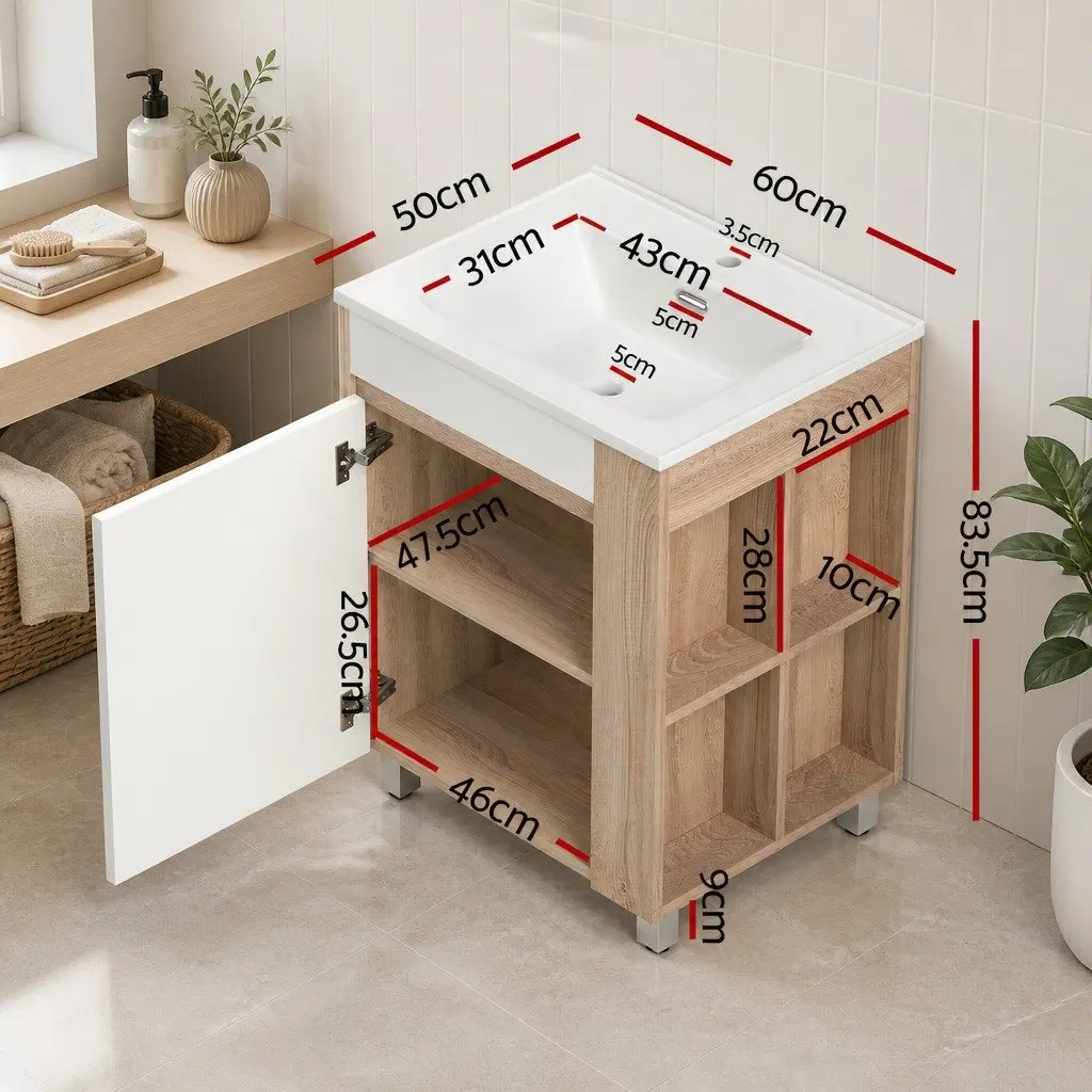 Bathroom Vanity Unit White 835mm Freestanding Moisture-resistant with Ceramic Basin and Open Shelf Storage