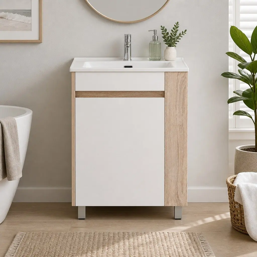 Bathroom Vanity Unit White 835mm Freestanding Moisture-resistant with Ceramic Basin and Open Shelf Storage