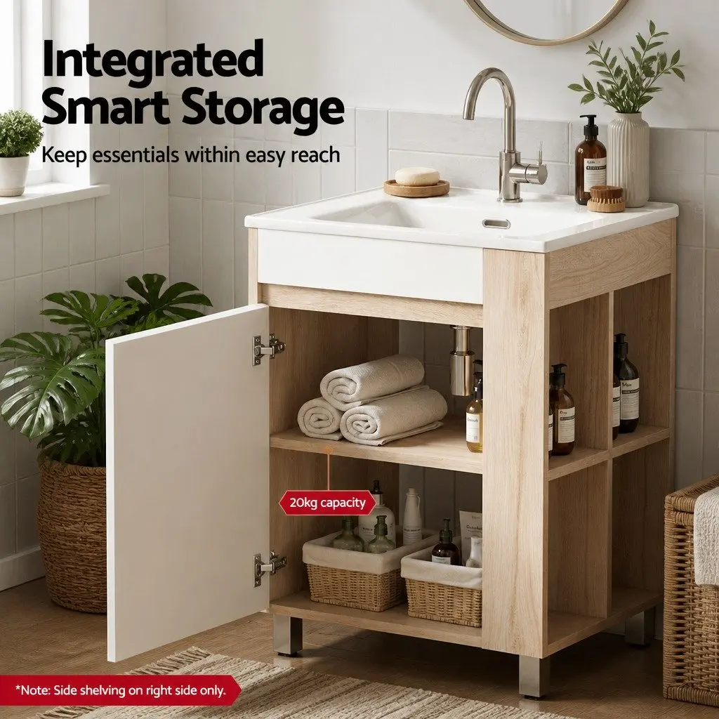 Bathroom Vanity Unit White 835mm Freestanding Moisture-resistant with Ceramic Basin and Open Shelf Storage