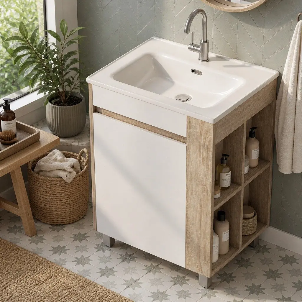 Bathroom Vanity Unit White 835mm Freestanding Moisture-resistant with Ceramic Basin and Open Shelf Storage