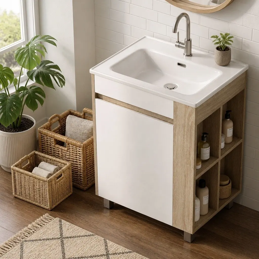 Bathroom Vanity Unit White 835mm Freestanding Moisture-resistant with Ceramic Basin and Open Shelf Storage