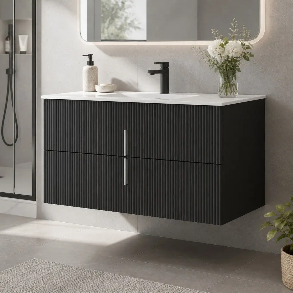 Wall Hung Bathroom Vanity Unit 900mm Black Timber Cabinet Storage Countertop