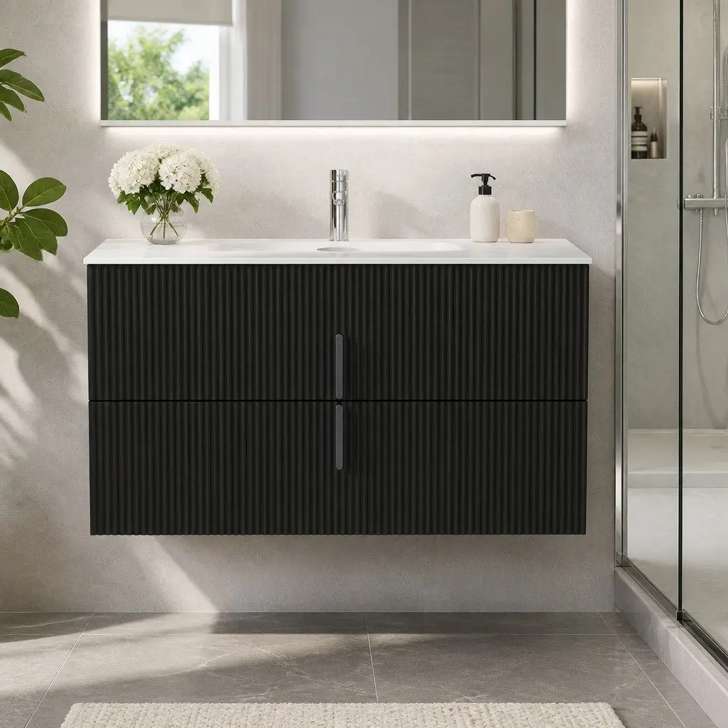 Wall Hung Bathroom Vanity Unit 900mm Black Timber Cabinet Storage Countertop