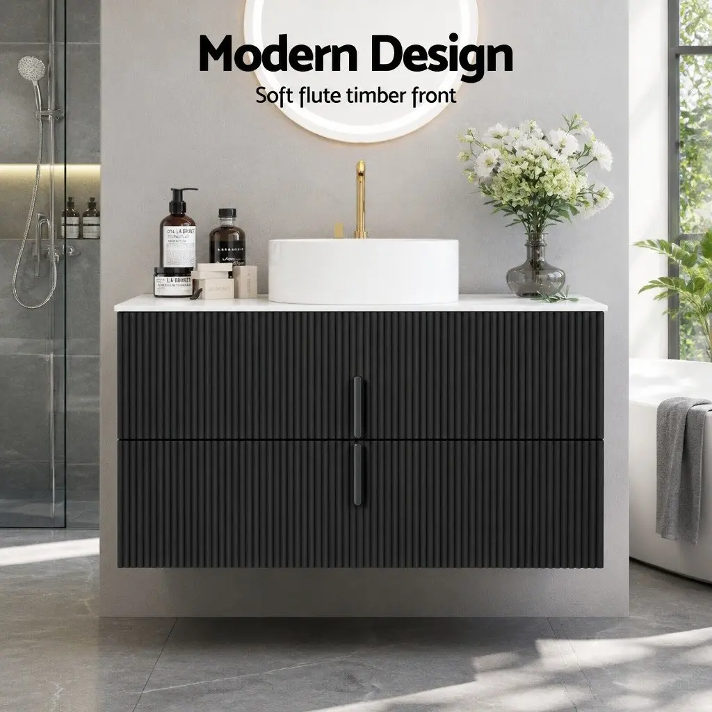 Wall Hung Bathroom Vanity Unit 900mm Black Timber Cabinet Storage Countertop