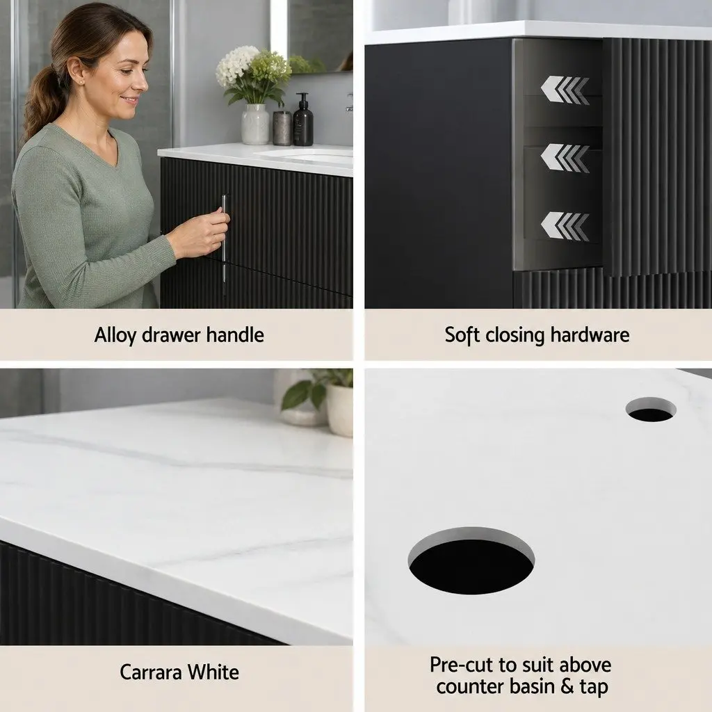 Wall Hung Bathroom Vanity Unit 900mm Black Timber Cabinet Storage Countertop