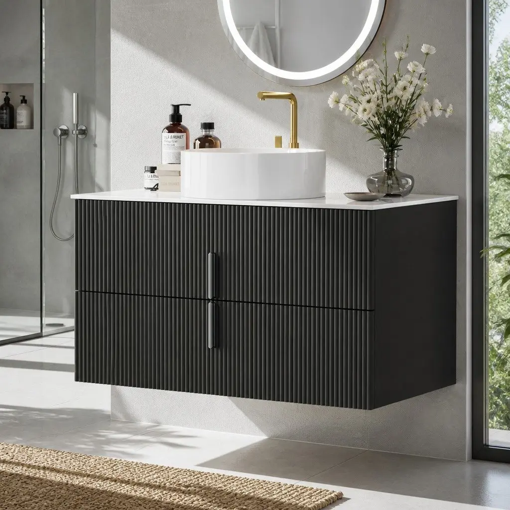 Wall Hung Bathroom Vanity Unit 900mm Black Timber Cabinet Storage Countertop