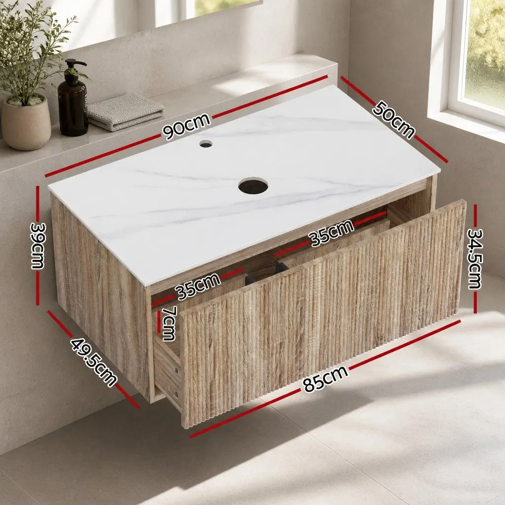 Wall-Hung Bathroom Vanity Unit 900mm Oak Timber Single Drawer Cabinet Storage
