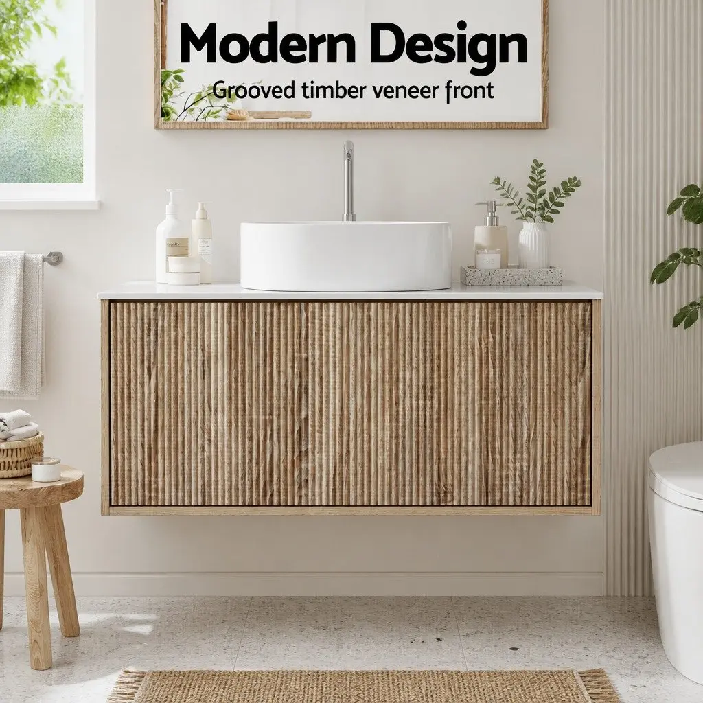 Wall-Hung Bathroom Vanity Unit 900mm Oak Timber Single Drawer Cabinet Storage