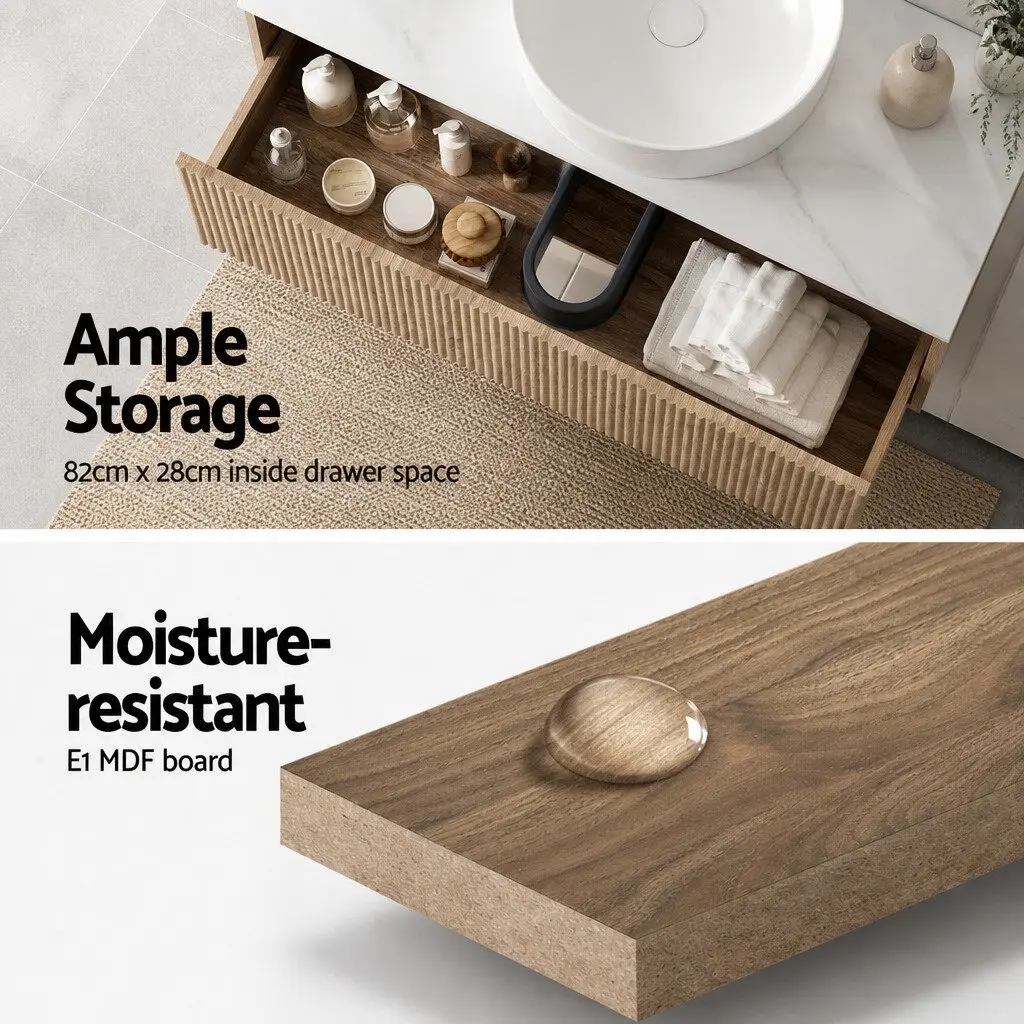 Wall-Hung Bathroom Vanity Unit 900mm Oak Timber Single Drawer Cabinet Storage