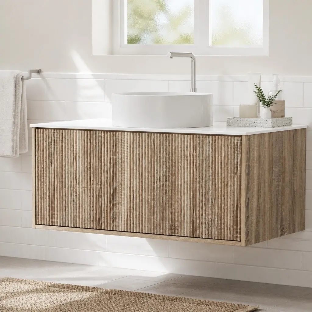 Wall-Hung Bathroom Vanity Unit 900mm Oak Timber Single Drawer Cabinet Storage