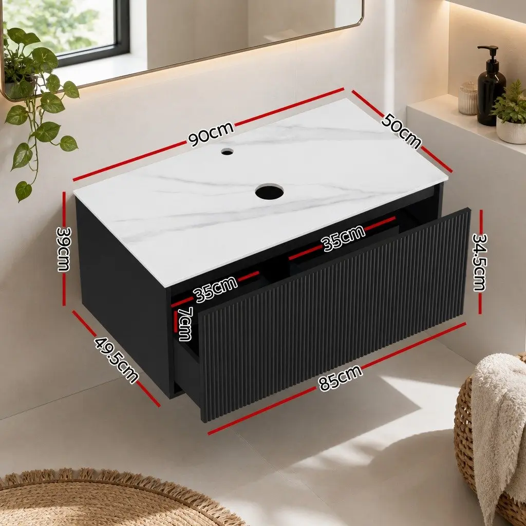 Bathroom Vanity Unit Black 900mm Wall Hung Sintered Stone Countertop Soft Closing Drawer