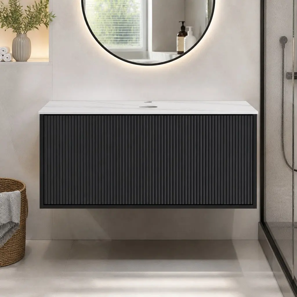Bathroom Vanity Unit Black 900mm Wall Hung Sintered Stone Countertop Soft Closing Drawer