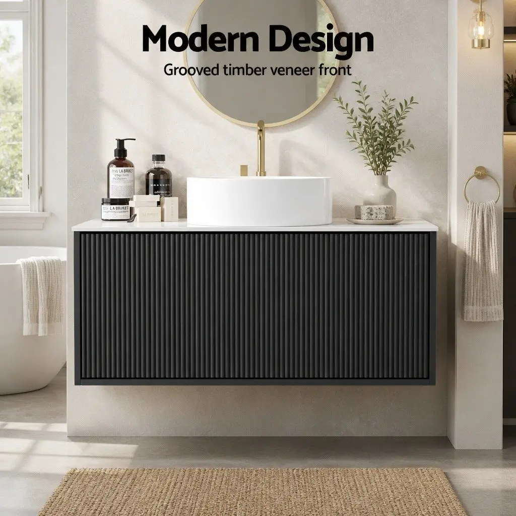 Bathroom Vanity Unit Black 900mm Wall Hung Sintered Stone Countertop Soft Closing Drawer