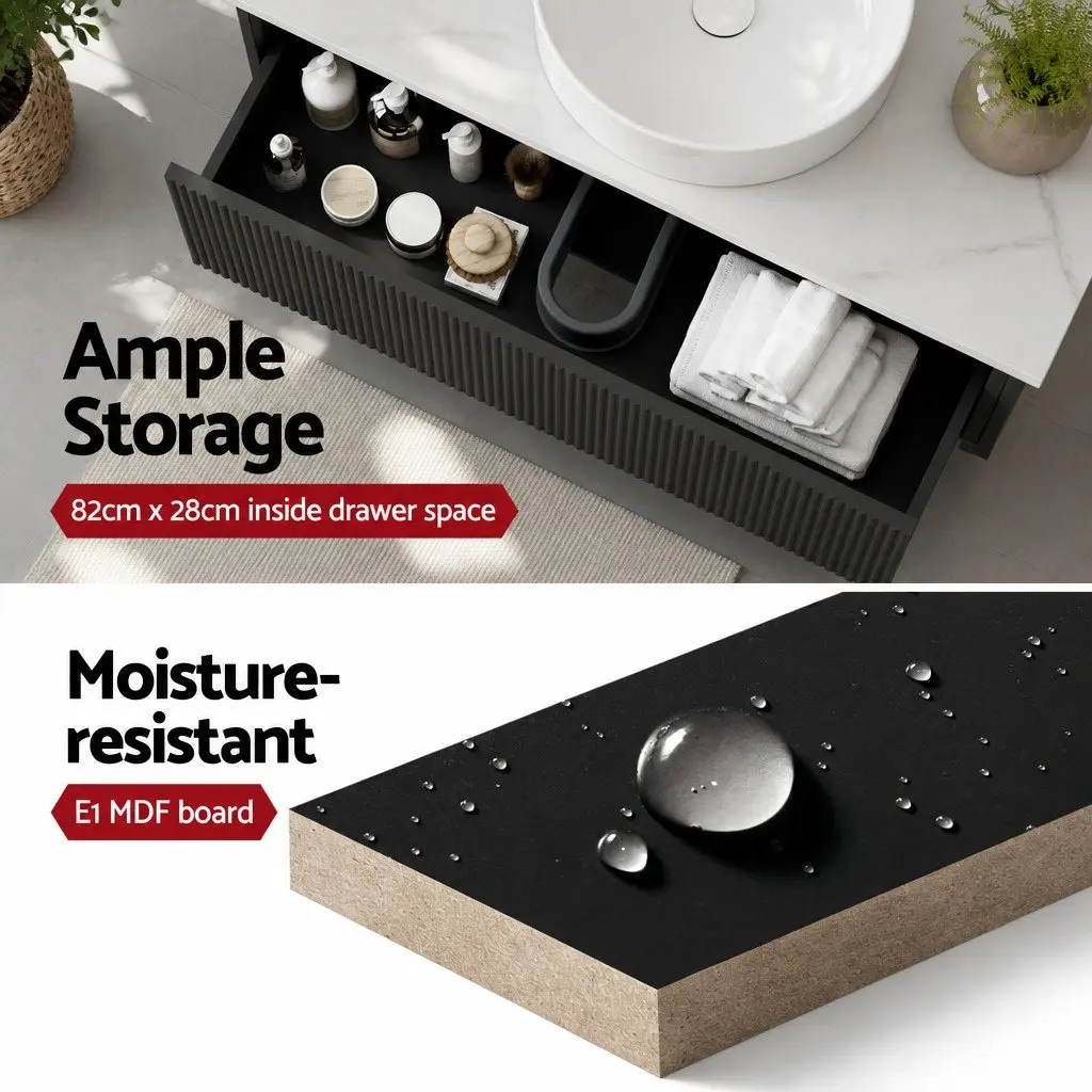 Bathroom Vanity Unit Black 900mm Wall Hung Sintered Stone Countertop Soft Closing Drawer