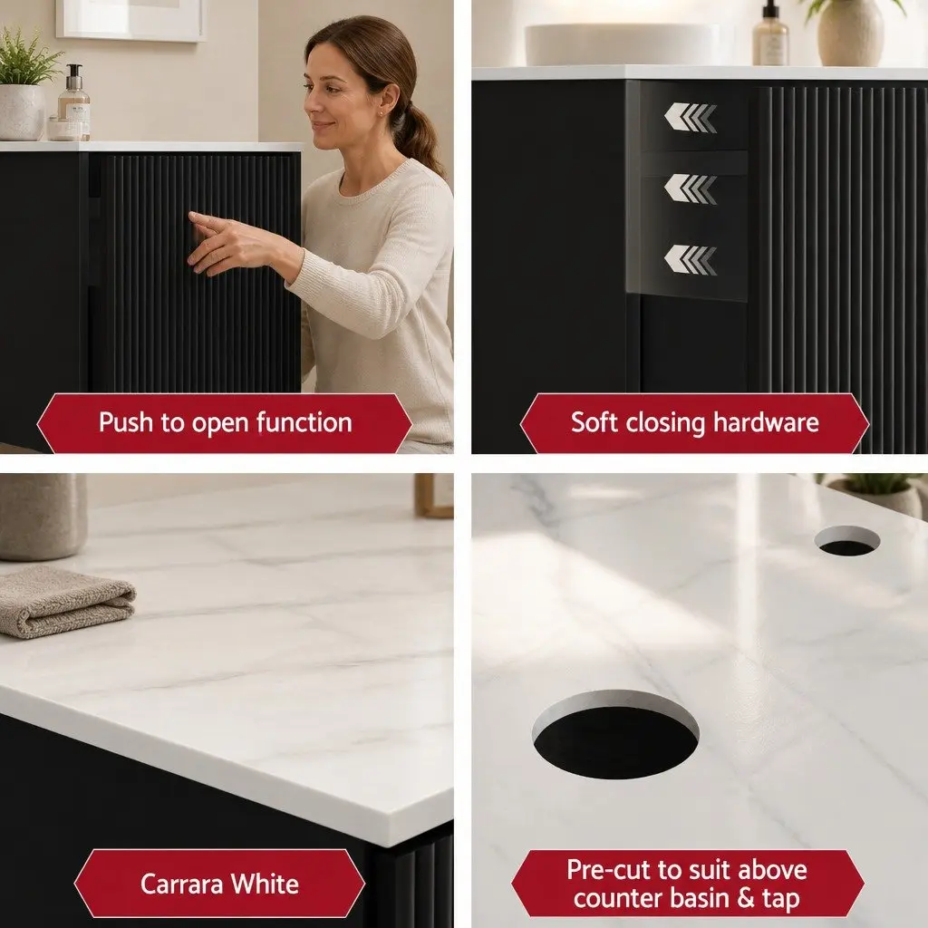 Bathroom Vanity Unit Black 900mm Wall Hung Sintered Stone Countertop Soft Closing Drawer