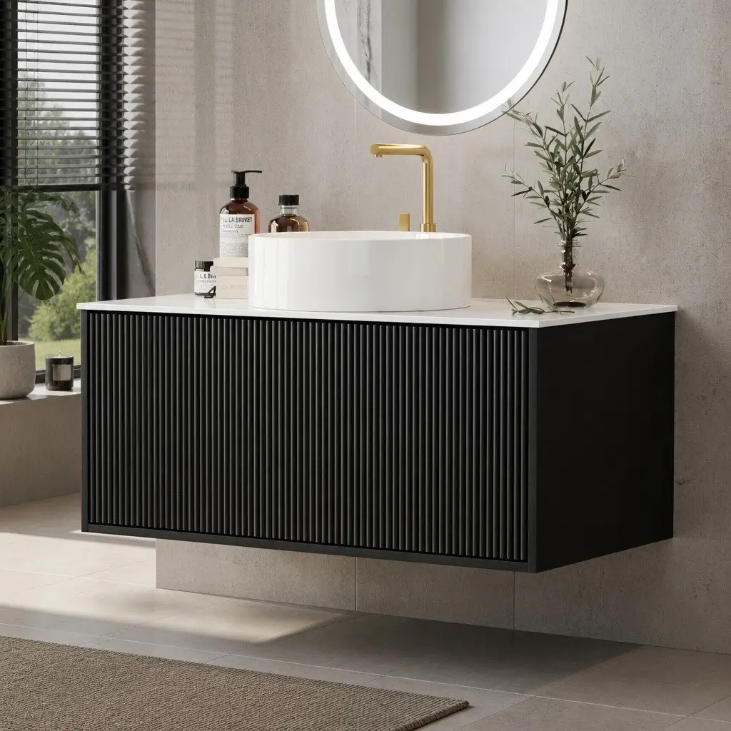 Bathroom Vanity Unit Black 900mm Wall Hung Sintered Stone Countertop Soft Closing Drawer