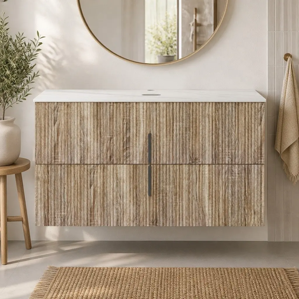 900mm Wall Hung Vanity Unit Pine Timber Engineered Stone Countertop Two Deep Drawers