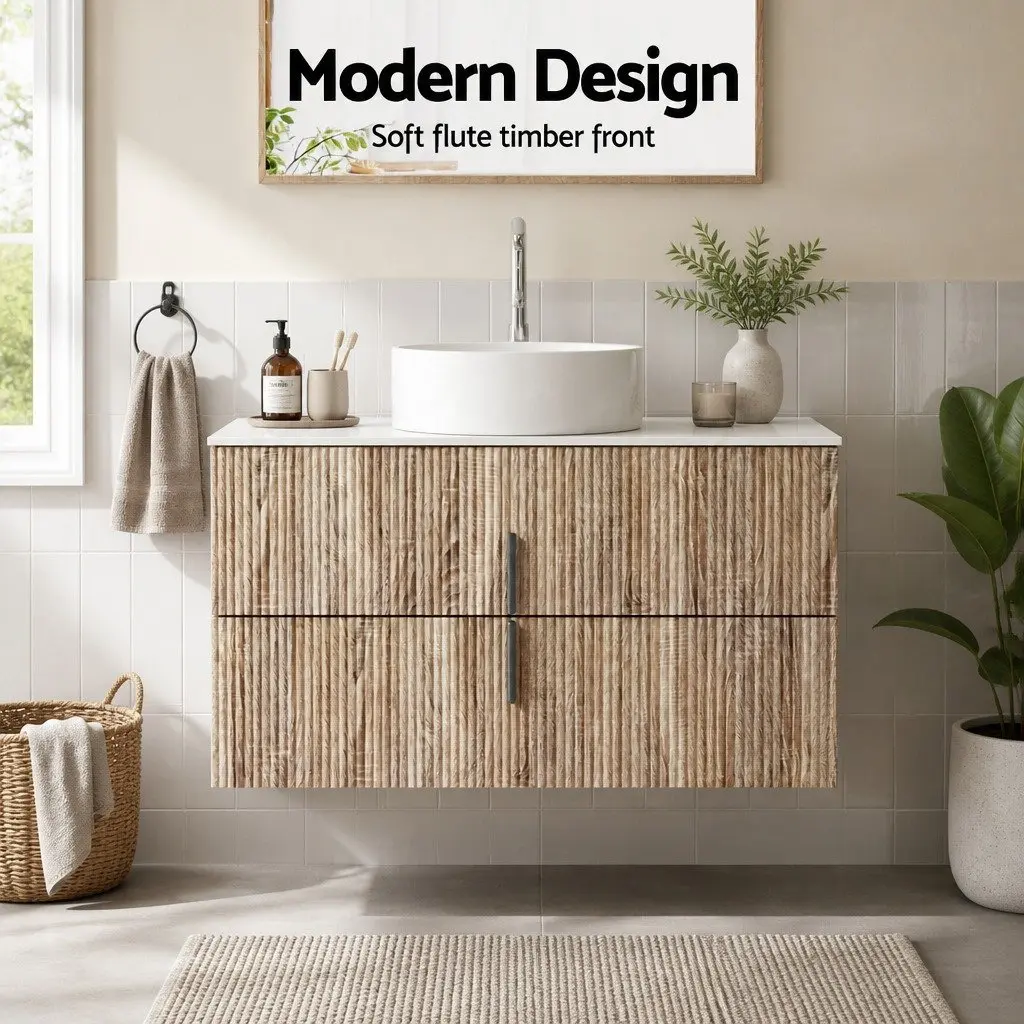 900mm Wall Hung Vanity Unit Pine Timber Engineered Stone Countertop Two Deep Drawers