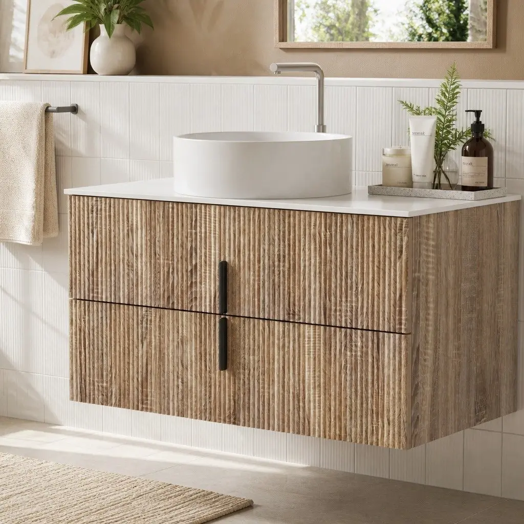 900mm Wall Hung Vanity Unit Pine Timber Engineered Stone Countertop Two Deep Drawers