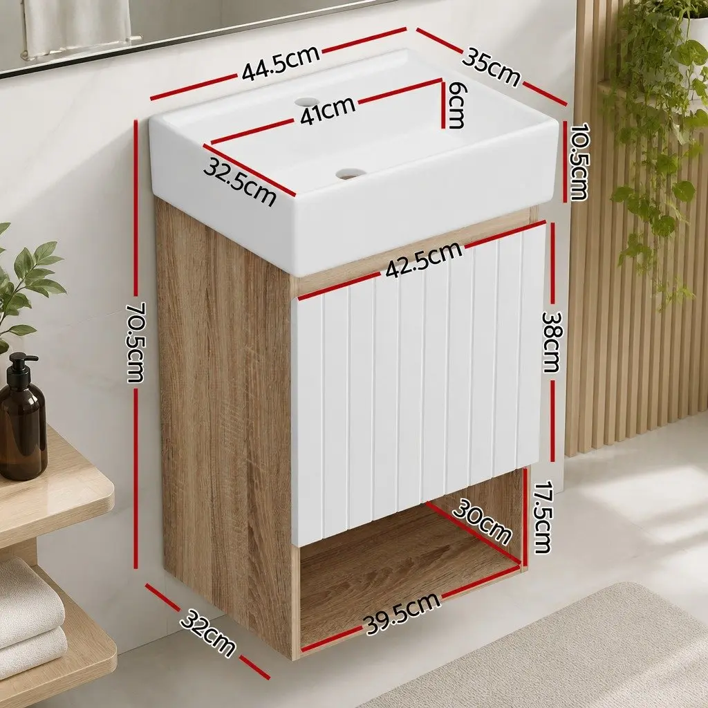 Bathroom Vanity Unit White Walnut 445mm Wall Hung Soft Closing Door Storage