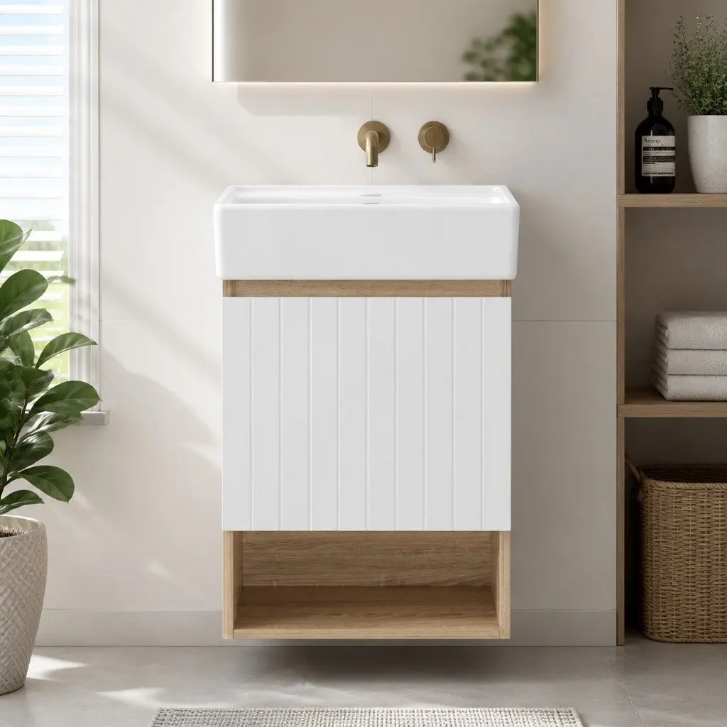 Bathroom Vanity Unit White Walnut 445mm Wall Hung Soft Closing Door Storage