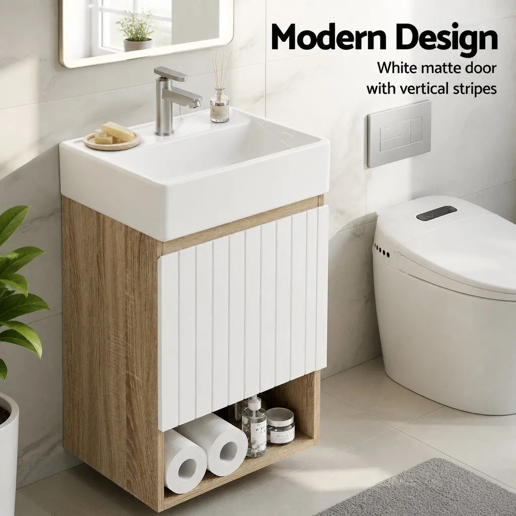 Bathroom Vanity Unit White Walnut 445mm Wall Hung Soft Closing Door Storage
