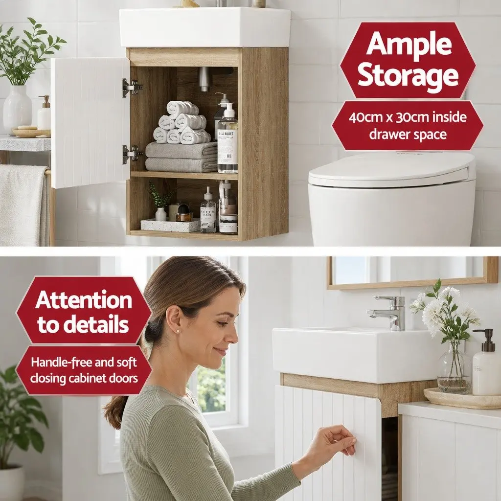 Bathroom Vanity Unit White Walnut 445mm Wall Hung Soft Closing Door Storage