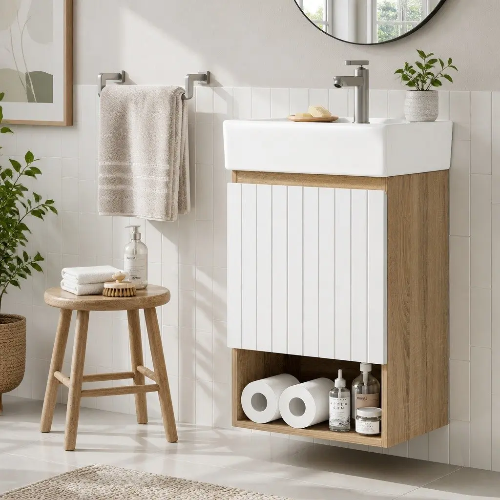Bathroom Vanity Unit White Walnut 445mm Wall Hung Soft Closing Door Storage