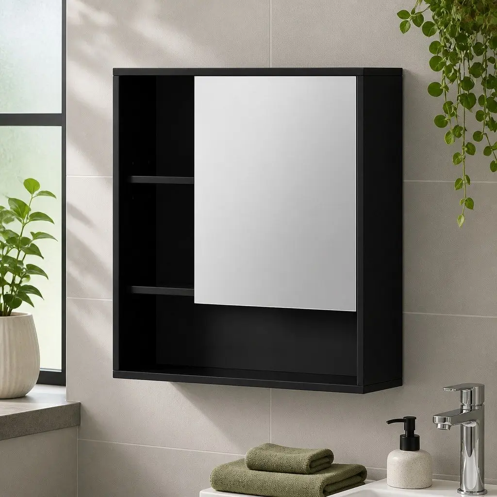 Bathroom Cabinet Black 56cm Adjustable Shelves Wall Mounted Storage