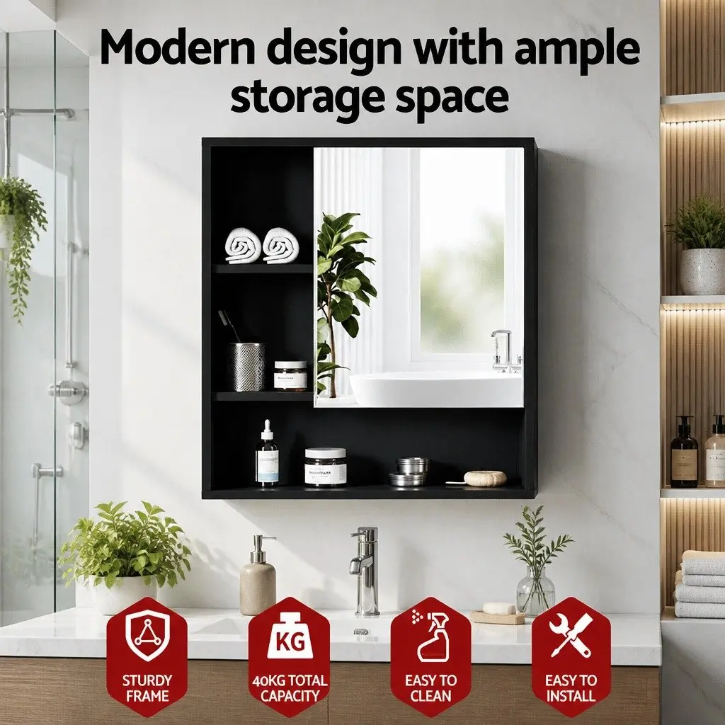 Bathroom Cabinet Black 56cm Adjustable Shelves Wall Mounted Storage