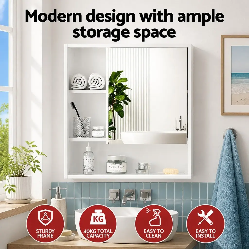 Bathroom Cabinet White 560mm Wall Mounted Adjustable Shelves High Definition Mirror